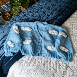 NWOT Handknit Blue Sweater Cardigan with Clouds, Toy Story Cosplay, Cottagecore